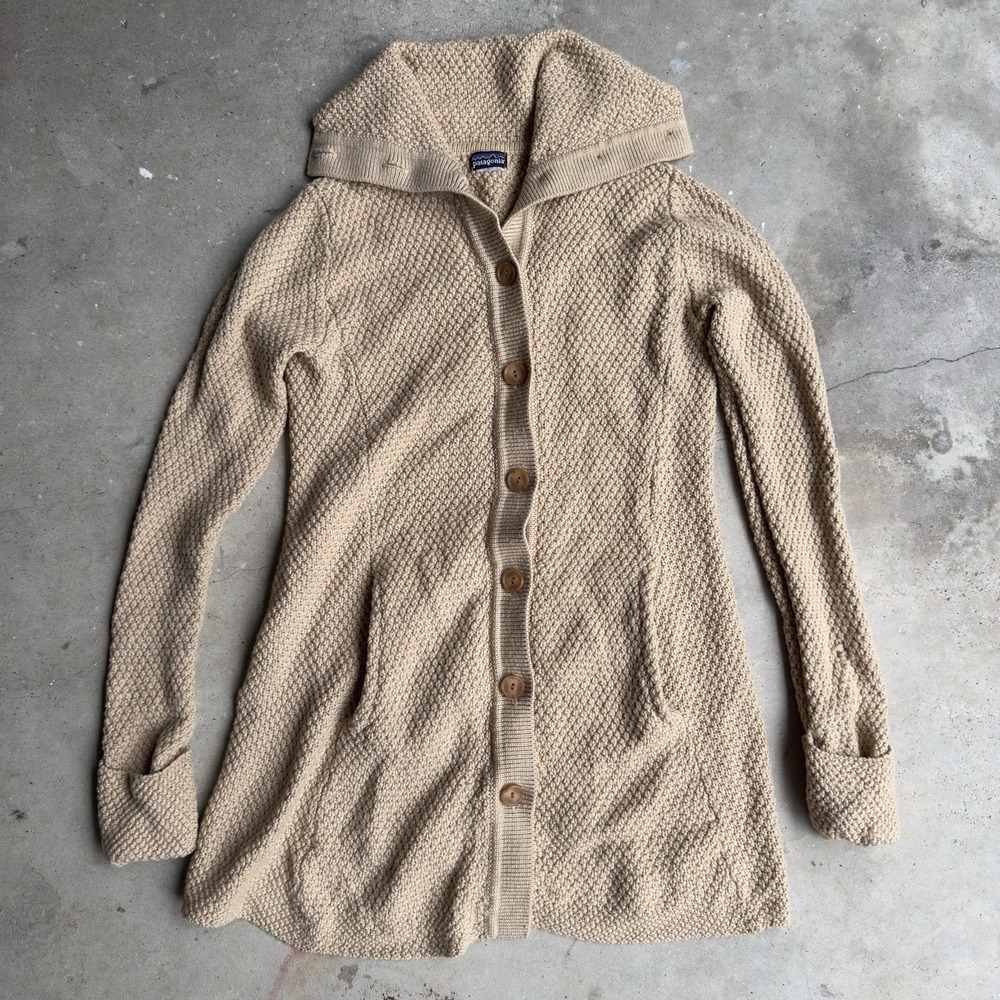 Vintage Patagonia Waffle Knit Sweater Cardigan Beige Funnel Neck Women's XS/S